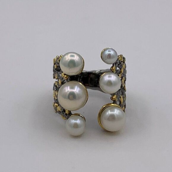 Ring, NWOT, real pearls, 925 sterling silver, 22 K gold, adjustable, statement - Picture 3 of 16